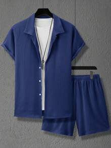 Manfinity Homme Men's Textured Solid Color Short Sleeve Shirt And Shorts Set, Casual Summer Outfit - Royal Blue - View 4