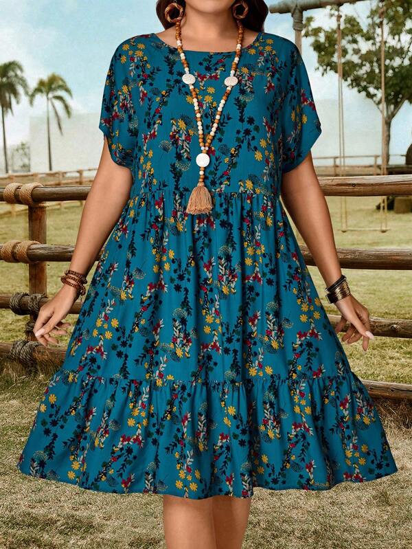 EMERY ROSE Raglan Sleeves Country Retro Holiday Small Floral Round Neck Split Baby Doll Large Size Dress Suitable For Spring And Summer Pasture Grassland Plus Size Boho Dress Flowy Dress Gifts For Mother Vacay Vibes Springbreak Casual Wear SS Bohemia Loose Fit  Tunic