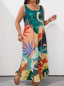 SHEIN Holidaya 大码女式休闲假日宽松细肩带连衣裙，侧开衩，印花，夏季 - 綠色 - 查看 5