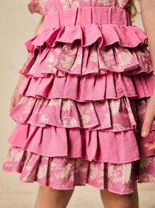 SHEIN Young Girls Elegant Pink Floral Print Cake Style Mini Skirt, Spring/Summer - Pink - View 3