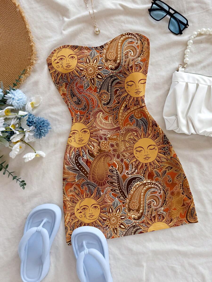 Soleia Phong cách cổ điển giản dị phong cách nghỉ mát gợi cảm vàng thần mặt trời paisley họa tiết hạt điều dễ thương váy mini lễ hội âm nhạc bohemian y2k phù hợp cho mùa hè - Nhiều màu - Xem 1