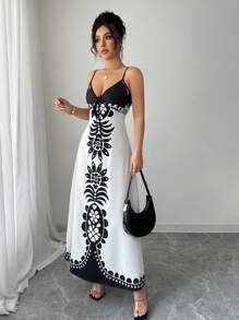 Selianne 印花 V 领性感宽松细肩带连衣裙 - 黑與白 - 查看 5