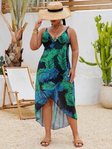 Swim Lushoire Coprispalle da spiaggia in stile kimono da donna taglie forti, con stampa di foglie tropicali e motivo casual, con spalline sottili e schiena scoperta, adatto per vacanze
