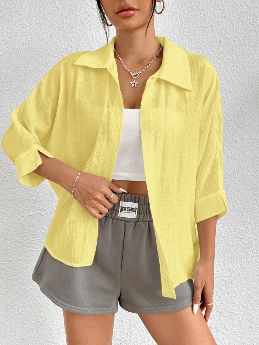 SHEIN PETITE Spring White Solid Batwing Sleeve White Shirt - Yellow - View 1
