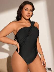 Swim Basics 大码女式连体泳衣，纯色褶皱肩部，度假 - 黑色 - 查看 4