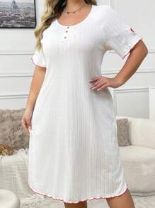 Plus Size Contrast Color Jacquard Raglan Short Sleeve Nightgown - White - View 5