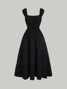 Sweetra Women's Pleated Ruffle Hem Casual Solid Color Sleeveless Maxi Dress - Black - View 1