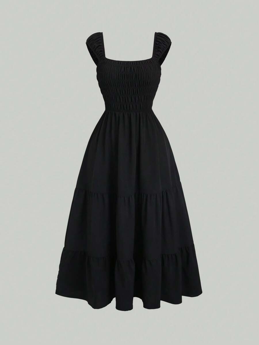 Sweetra Women's Pleated Ruffle Hem Casual Solid Color Sleeveless Maxi Dress - Black - View 1