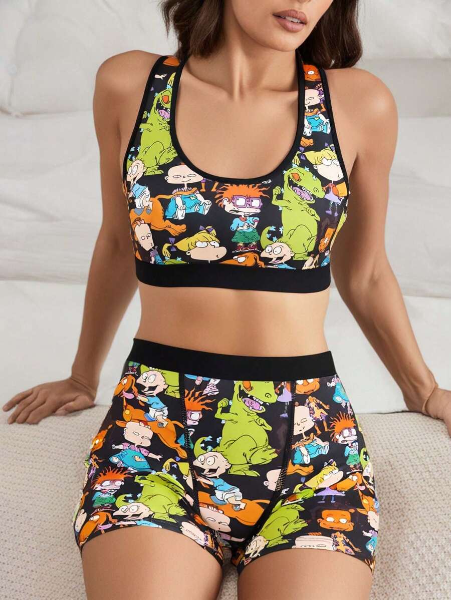 Nick 90s X SHEIN Women Black Comfy Cartoon Print Removable Soft Cup And Boyshort Panty Underwear Set, Sport,Yoga,Workout Sets Yoga Shorts