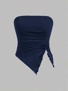 SHEIN Girlism 2 件套青少年女孩褶皱抹胸上衣和喇叭裤 - 藏蓝色 - 查看 4