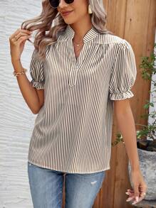 Breezaya Women's Casual Striped Puff Sleeve Blouse, Summer - Coffee Brown - View 5