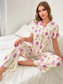 CottageSlumber Set pigiama con top a maniche corte e pantaloni, con stampa floreale, splendore floreale abbondante - Multicolore - Visualizzare 4