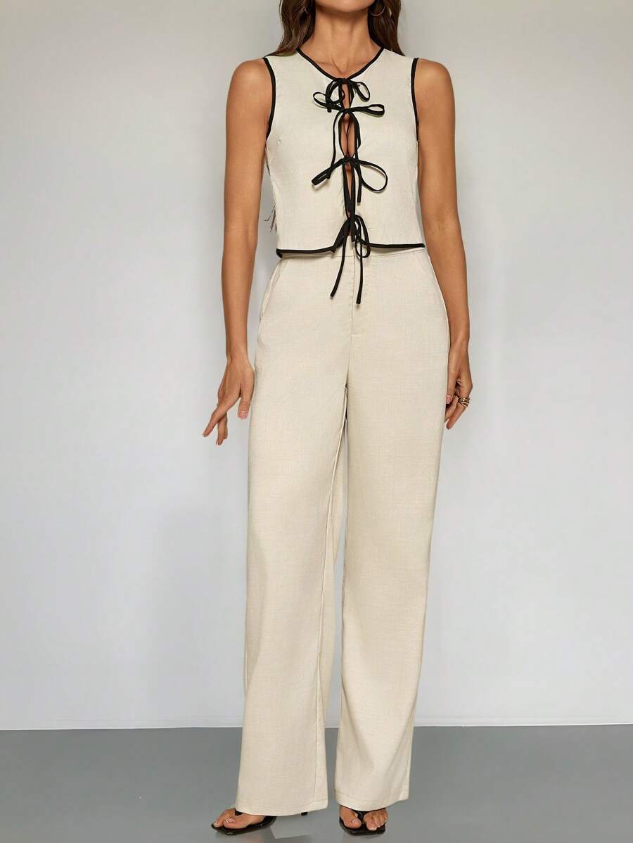 SHEIN Tall Spring And Summer Women's Lace-Up Suit, Contrasting Color Bow, Women's Top & Solid Color Casual Loose Trousers, Women's Two Pieces Set, Daily Casual, Workplace Commuting Wear Ladies' Solid Color Top And Pants Set, Perfect For Vacation/Leisure Time - Apricot - View 1