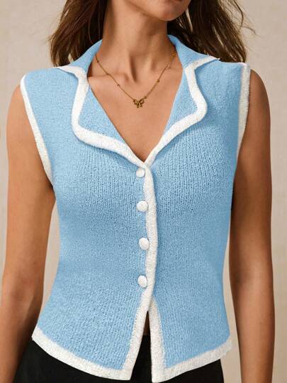 Poéselle Women Casual/Office Commute Color Block Trim Sleeveless Knit Top Casual Lapel Knit Top Asymmetrical Hem Vest Women Knit Tops Summer Women Summer Tops Summer Women Tops Button Up Summer Women Summer Boho Tops Knit Wear Beach Women Women Women Vest Summer Women Tops Boho Top Festival Old Money