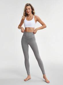 SHEIN Sports 女士纯色高腰无缝紧身裤 - 炭灰 - 查看 4