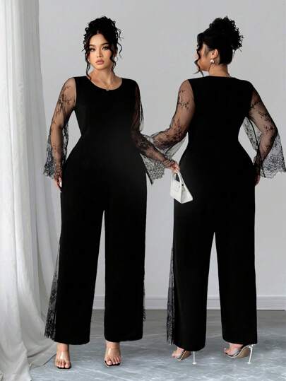 Elenzga 大码女式优雅撞色蕾丝喇叭袖连体裤，适合约会、聚会