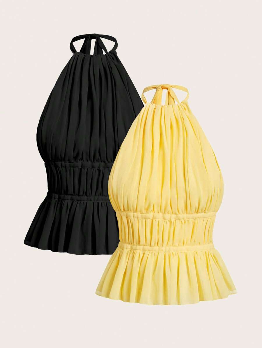 SHEIN EZwear Two-Piece Set Women's Sexy Solid Color Ruched Backless Halter Top, Summer - Multicolor - View 1