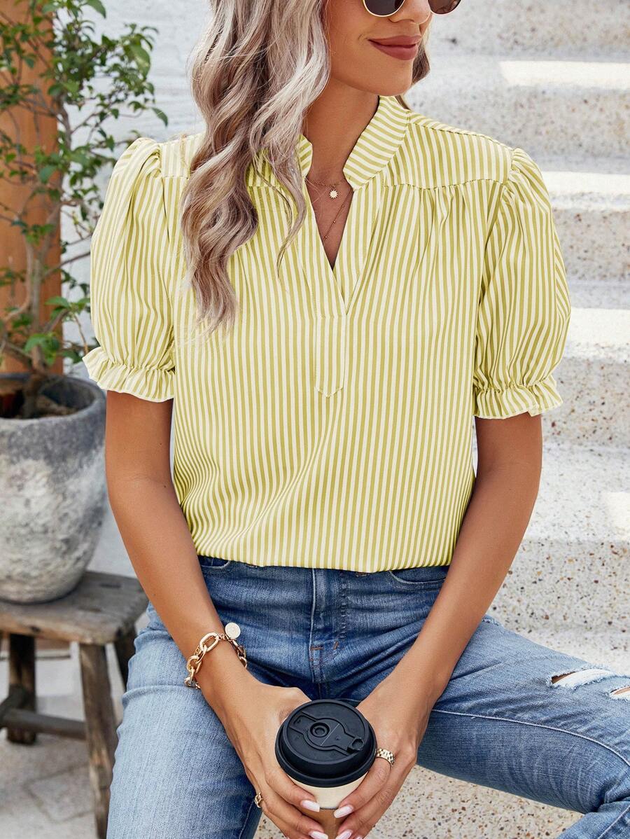 EMERY ROSE 女士休闲条纹泡泡袖度假衬衫 - 黃色 - 查看 1