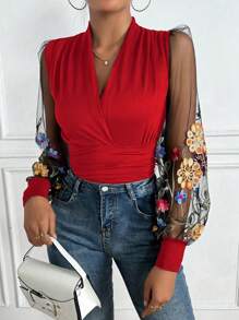 Chiquease Women's Elegant Floral Embroidered V-Neck Mesh Inserted Blouse - Red - View 4