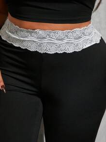 SHEIN SXY Plus Size Fashion Solid Asymetryczny Dekolt Koronka Patchwork Koszulka i Legginsy 2 Części Zestaw, Lato - Czarne - Zobacz 6