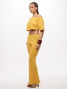 SUMWON WOMEN Áo choàng hở vai trễ vai, dáng rộng, chất liệu dệt kim tổ ong, đồ mặc ở nhà, đồ bơi đi biển, kỳ nghỉ hè - Màu vàng - Xem 4