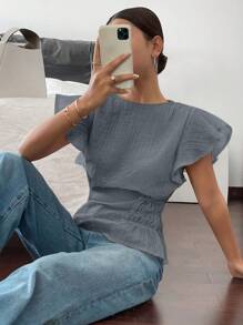 Siren Gaze Blusa casual con cuello redondo y volantes, cintura recogida, para mujer, de verano