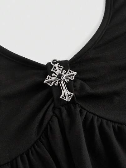 Goth Blusa de cuello halter con lazo delantero y decoración de cruz, estilo punk, para mujer talla grande, para verano