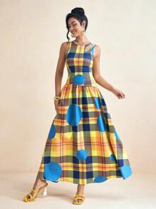 SHAQUITA GARCIA Gelbes und blaues Preppy Karomuster Kleid mit ausgeschnittener Schulter, gerafft, A-Linie Silhouette für den Sommerurlaub