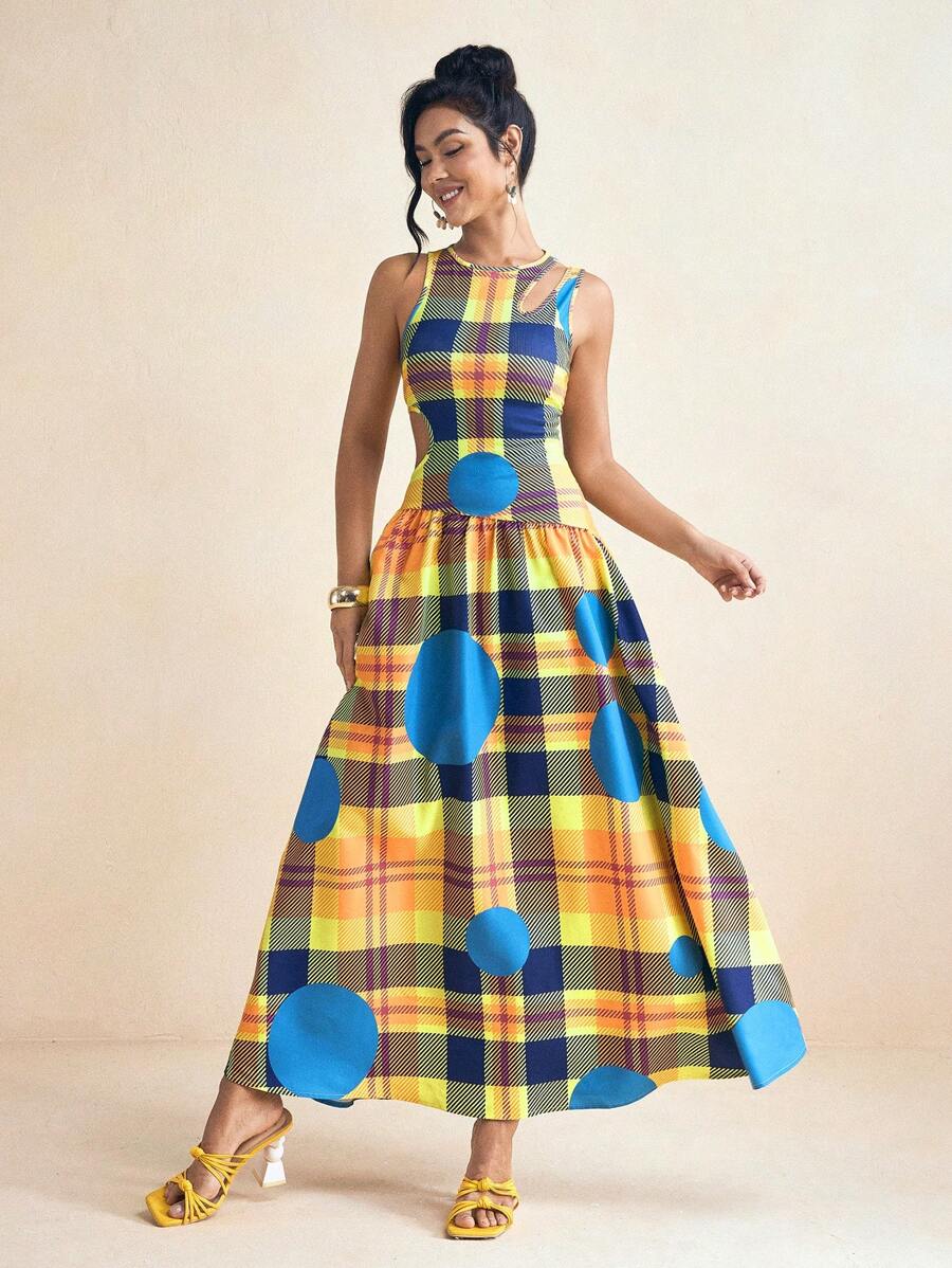 SHAQUITA GARCIA Gelbes und blaues Preppy Karomuster Kleid mit ausgeschnittener Schulter, gerafft, A-Linie Silhouette für den Sommerurlaub