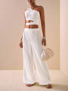 Zivah 2 Pieces Set: Textured Fabric One Shoulder Twist Detail Hollow-Out Waist Crop Top And Wide-Leg Pants With Pockets, Elegant Outfit For Vacation, Commute, Mother's Day, Wedding, Music Festival, Party, Club - White - View 7