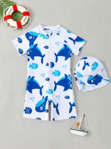 Fish Printed One-Piece Boy's Swimwear - Multicolor - View 6