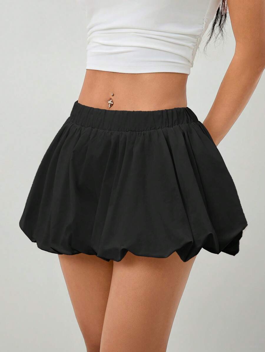 SHEIN PETITE Women Elastic Waist Wide Leg Bloomers Shorts In Solid Color - Black - View 1