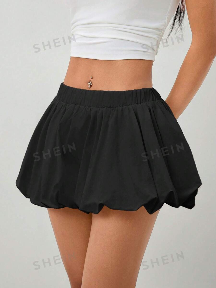 SHEIN PETITE Pantalones cortos bloomers de mujer de cintura elástica y pierna ancha en unicolor