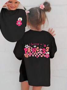 T-shirt à manches courtes style décontracté, confortable et simple pour bébé fille, imprimé à carreaux et fleurs avec lettres, printemps/été