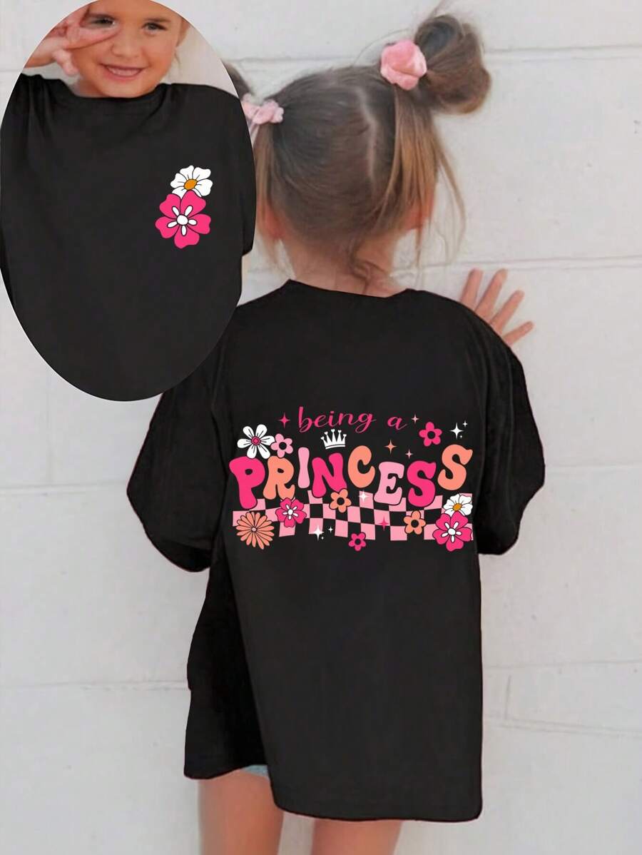 T-shirt à manches courtes style décontracté, confortable et simple pour bébé fille, imprimé à carreaux et fleurs avec lettres, printemps/été