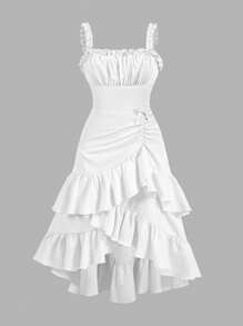 Tween Girl Chest Pleated Multi-Layered Asymmetrical Ruffled Suspender Waist Elegant Dress, Fairy Dress, Spring Outing - White - View 5
