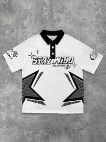 SHEIN Teen Boy Casual Minimalist Letter Graphic Loose Drop Shoulder POLO Shirt, Suitable For Summer