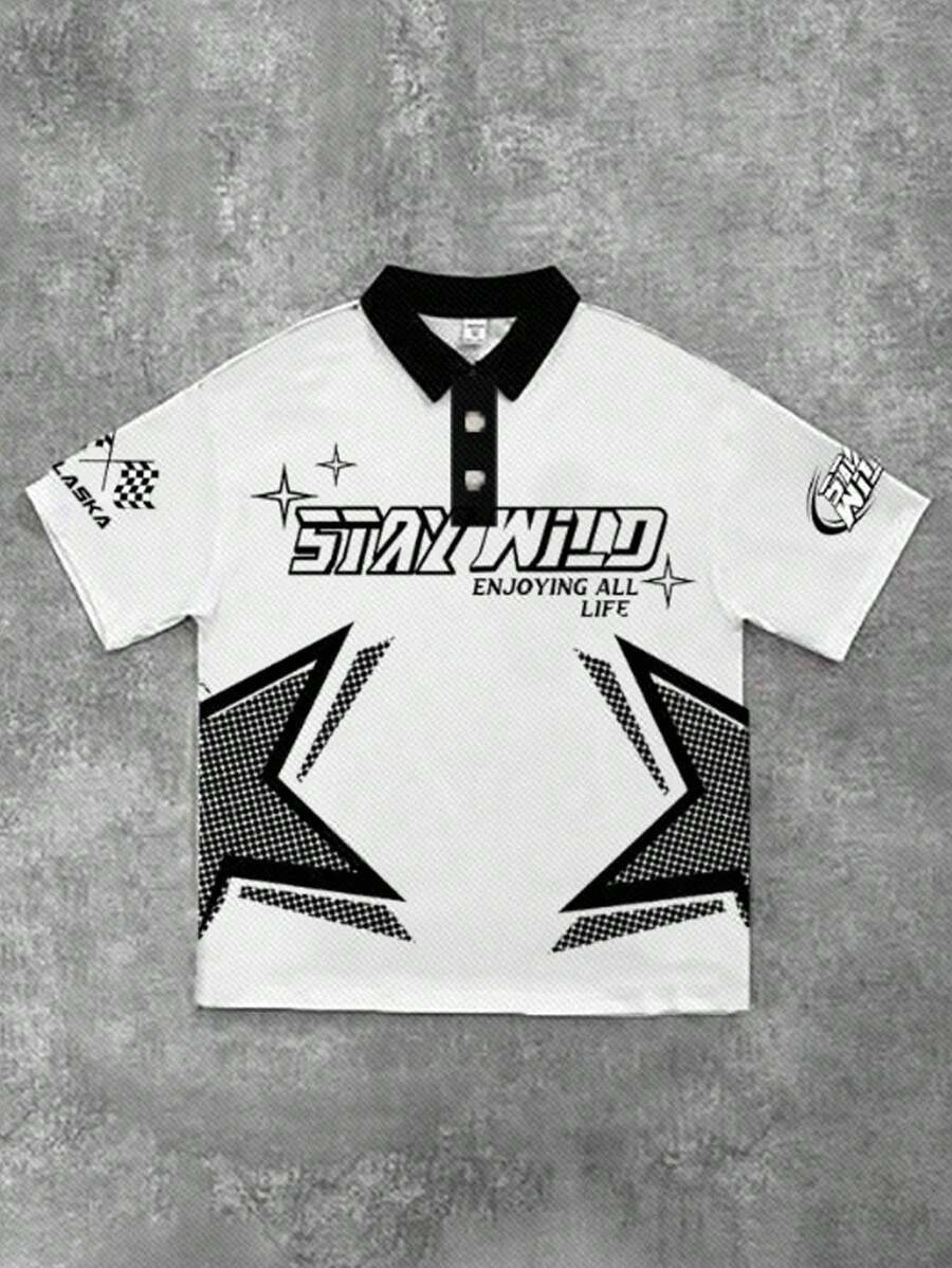 SHEIN Teen Boy Casual Minimalist Letter Graphic Loose Drop Shoulder POLO Shirt, Suitable For Summer