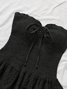 SHEIN Unity Black Strapless Lace-Up Decor Patchwork Hollow Out Embroidery Trim Ruffle Hem Asymmetrical Elasticated Waist Crop Dress - Black - View 3