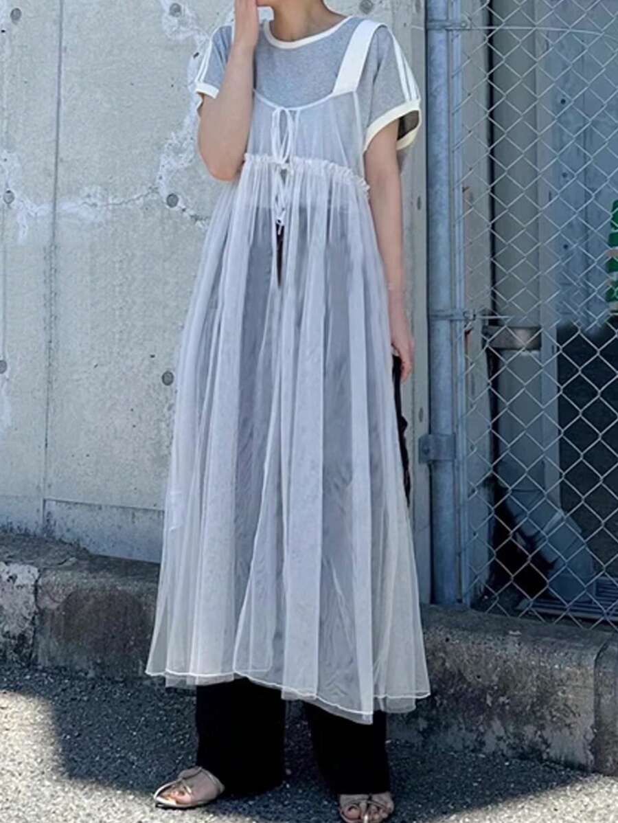 女士纯色前系带吊带中长款网眼连衣裙太阳裙，休闲女士连衣裙 - 白色 - 查看 1