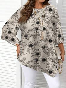 EMERY ROSE Plus Size Casual Floral Print Shirt, Minimalist All-Over Print Design, Suitable For Spring And Autumn, Holiday - Multicolor - View 3