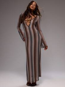 MUSERA 女士长款针织连衣裙，纹理图案，长袖镂空修身设计，优雅春夏沙滩泳装婚礼宾客伊比沙岛节日度假条纹款 - 彩色 - 查看 1