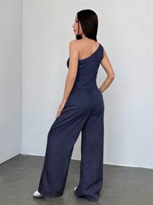 Flirla 2 pièces Ensemble de femmes minimaliste décontracté rayure brune épaule asymétrique