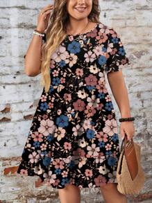 EMERY ROSE Casual Minimalist Floral Print Loose Fit Round Neck Short Sleeve Plus Size Dress, Suitable For Spring And Summer - Multicolor - View 7