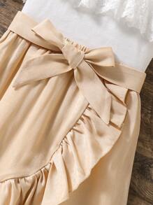 青少年女孩对比色蕾丝荷叶边下摆吊带背心和迷你裙两件套 - 卡其色 - 查看 5