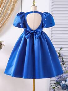 Vestido elegante de fiesta para niña preadolescente con espalda abierta, diseño hueco en forma de corazón, manga abullonada y cuentas