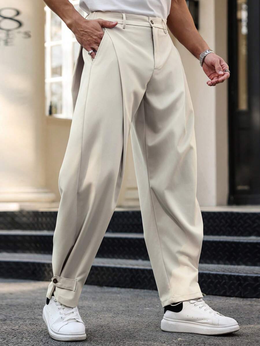 Manfinity Mode Men's Solid Color Slit Pocket Pleated Tapered Side Cutout Design Suit Pants, Suitable For Friends, Boyfriend Gifts Men Clothing Men Pants Men Designer Pants Loose Pants For Men Clothes For Men Men Pants Men Men Pants - Apricot - View 1