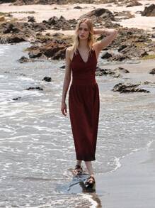 Lumivelle Women's V-Neck Cinched Waist Ruched A-Line Elegant Backless Knit Dress - Rust Brown - View 5