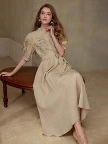 MOTF PREMIUM BELTED EMBROIDERY DRESS - Khaki - View 6