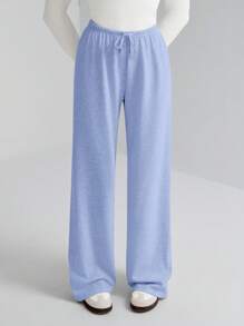 SHEIN Tall Damen einfarbige weiche Strickhose mit Kordelzug in der Taille, locker geschnitten, lässig, Herbst/Winter, Baggyhose, für große Frauen - Blau - Übersicht 5